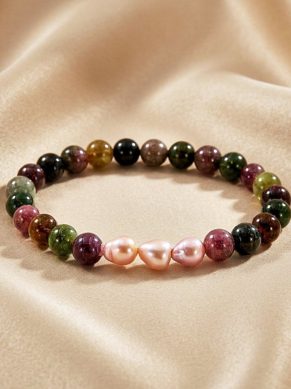 Tourmaline Bracelet w/Edison Pearls, Natural Green Tourmaline Stretch Bracelet